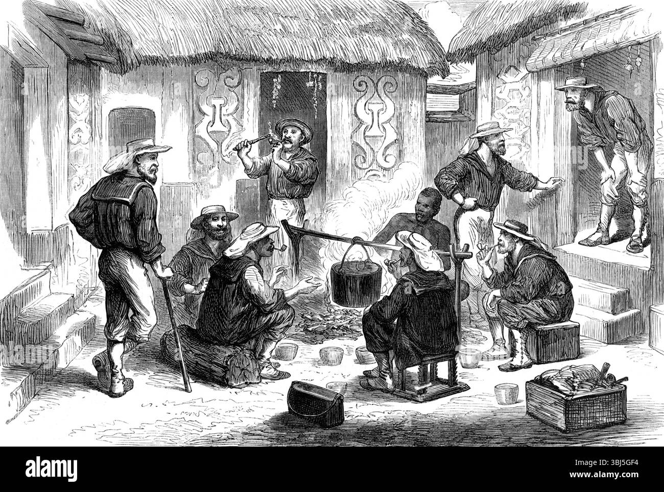 Der Ashantee-Krieg: Marinebrigade-Männer, die im Innenhof eines Ashantee-Hauses frühstücken, 1874. Dritter Anglo-Ashanti-Krieg. Die Royal Navy in Westafrika. Die Zeichnung unseres Künstlers von Männern der Marinebrigade, die ihr Frühstück im Hof eines Ashantee-Hauses genossen, wurde in Quisah aufgenommen. Er beschreibt das Haus als aus vier Räumen oder Hütten, die auf den vier Seiten des Hofes errichtet wurden, der durch eine sehr enge Tür und einen Durchgang an einer Ecke betreten wird. Die Holzbalken und harten Erdwände, die verputzt sind, zeigen viele ornamentale Skulpturen mit einem genialen Muster. Die Böden sind aus gebranntem Ton, ha Stockfoto Der Ashantee-Krieg: Marinebrigade-Männer, die im Innenhof eines Ashantee-Hauses frühstücken, 1874. Dritter Anglo-Ashanti-Krieg. Die Royal Navy in Westafrika. Die Zeichnung unseres Künstlers von Männern der Marinebrigade, die ihr Frühstück im Hof eines Ashantee-Hauses genossen, wurde in Quisah aufgenommen. Er beschreibt das Haus als aus vier Räumen oder Hütten, die auf den vier Seiten des Hofes errichtet wurden, der durch eine sehr enge Tür und einen Durchgang an einer Ecke betreten wird. Die Holzbalken und harten Erdwände, die verputzt sind, zeigen viele ornamentale Skulpturen mit einem genialen Muster. Die Böden sind aus gebranntem Ton, ha Stockfoto