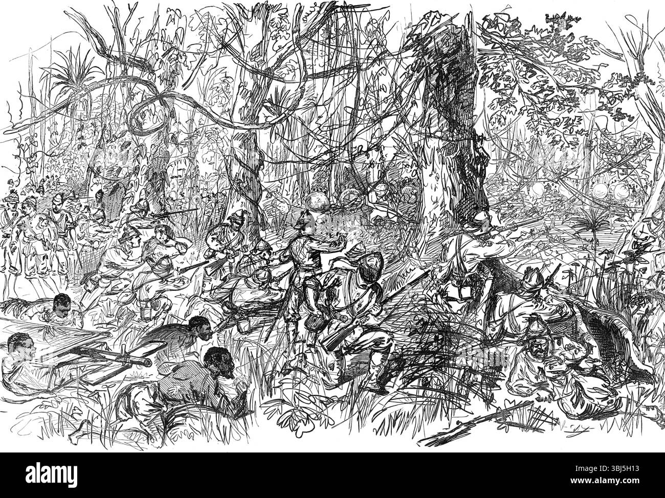 The Ashantee war: Advancing on Coomassie [ie Kumasi], Faksimile einer Skizze von unserem Spezialkünstler, 1874. Dritter Anglo-Ashanti-Krieg - die britische Armee in Westafrika. Die Illustrationen der späten Kampagne, die von den Skizzen unseres Spezialkünstlers Mr. Melton Prior, dessen Ankunft letzte Woche erwähnt wurde, stammen aus dieser Nummer. In einem Fall - dem einer tatsächlichen Kampfszene, in der die britischen Soldaten in der Haltung des Kampfes in der Stille gezeigt werden - haben wir es vorgezogen, ein bloßes Faksimile von Mr. Prior' Skizze zu geben, wie er es damals und da gezeichnet hat, anstatt die Fini Stockfoto