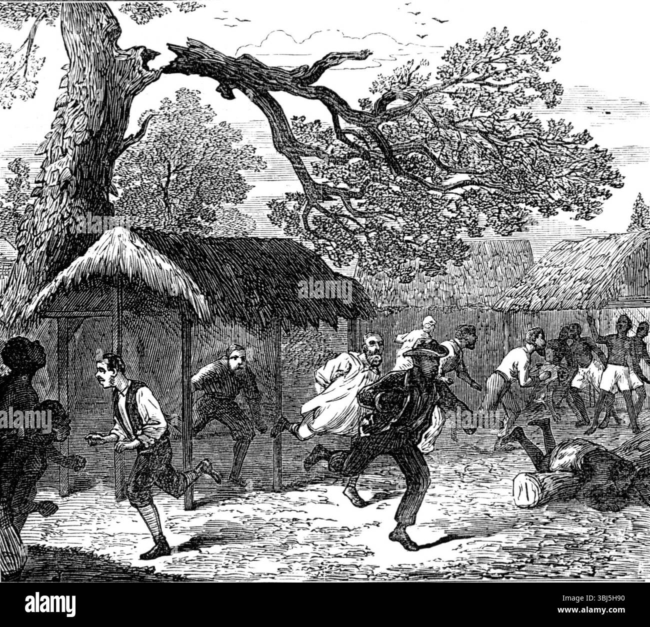 Der Ashantee-Krieg: Fall eines Baumes im Lager, 1874. Dritter Anglo-Ashanti-Krieg. Die britische Armee in Westafrika: "...ein Nachtalarm vom Abriss eines Baumbaums über dem Dach einer Hütte, die eine Reisende Gruppe schützte. Sie flohen mit großer Bestürzung, und ihre Ruhe wurde in jener Nacht ohne Hilfe oder Behebung gestört; aber der Unfall hatte keine schwerwiegenderen Folgen. Wir dürfen unsere Leser an dieser Stelle nochmals an die Publikation „From Cape Coast to Coomassie [ie Kumasi], an Illustrated History of the Ashantee war“ erinnern, in der sie viele Stiche aus unserer SPE finden werden Stockfoto
