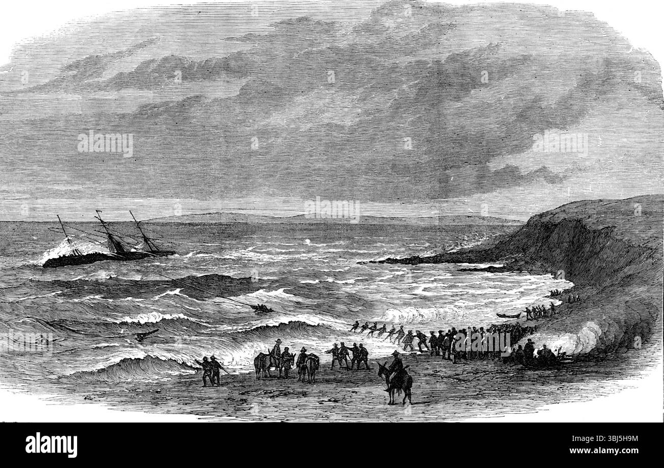 Wrack des Dampfschiffs Queen Elizabeth in Calaparra, nahe Gibraltar, 1874. Auf ihrer Heimreise von Kalkutta wurde ein Frachtschiff zerstört, vor Cabrita Point, der westlichen Landzunge von Gibraltar Bay. Sie hatte siebzig Personen an Bord, Besatzung und Passagiere, mit einer wertvollen Ladung Indigo, roher Seide, Jute, Tee, Schellack, und andere indische Produkte... das Schiff lief auf einem Felsrücken, 400 Meter vom Ufer entfernt, mit tiefem Wasser zwischen ihm und dem Strand. Ihre Seitenwand war einem schweren, rollenden Meer ausgesetzt... das Rettungsboot, das von einspringenden Seeleuten überfüllt war, war verärgert. 23 Personen wurden ertrunken Stockfoto