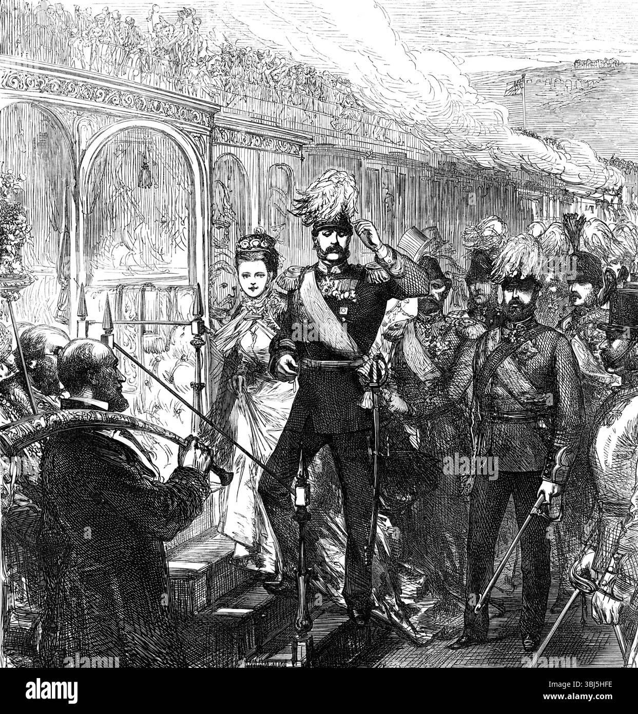 Der Kaiser von Russland verließ Dover, 1874. Alexander II. Auf einem Staatsbesuch in England. Der Zar kam nicht nach Gravesend. Die kaiserliche Yacht war auf einer Schlammbank in der Mündung der Schelde in der Nähe von Flushing gelaufen und hatte dort die ganze Nacht festgehalten. Es wäre nötig, Zeit zu sparen, indem man nach Dover aufbrechen würde, anstatt in die Themse zu fahren... das Gepäck des Kaisers an Land zu schicken und es in den fast eine Stunde besetzten Eisenbahnzug zu bringen. Seine Majestät ging dann von Bord, gefolgt von den Prinzen, und mit seiner Tochter auf dem Arm ging er zum Saloonwagen. Ein königlicher Gruß wurde von den Batterien der Burg abgefeuert. Stockfoto