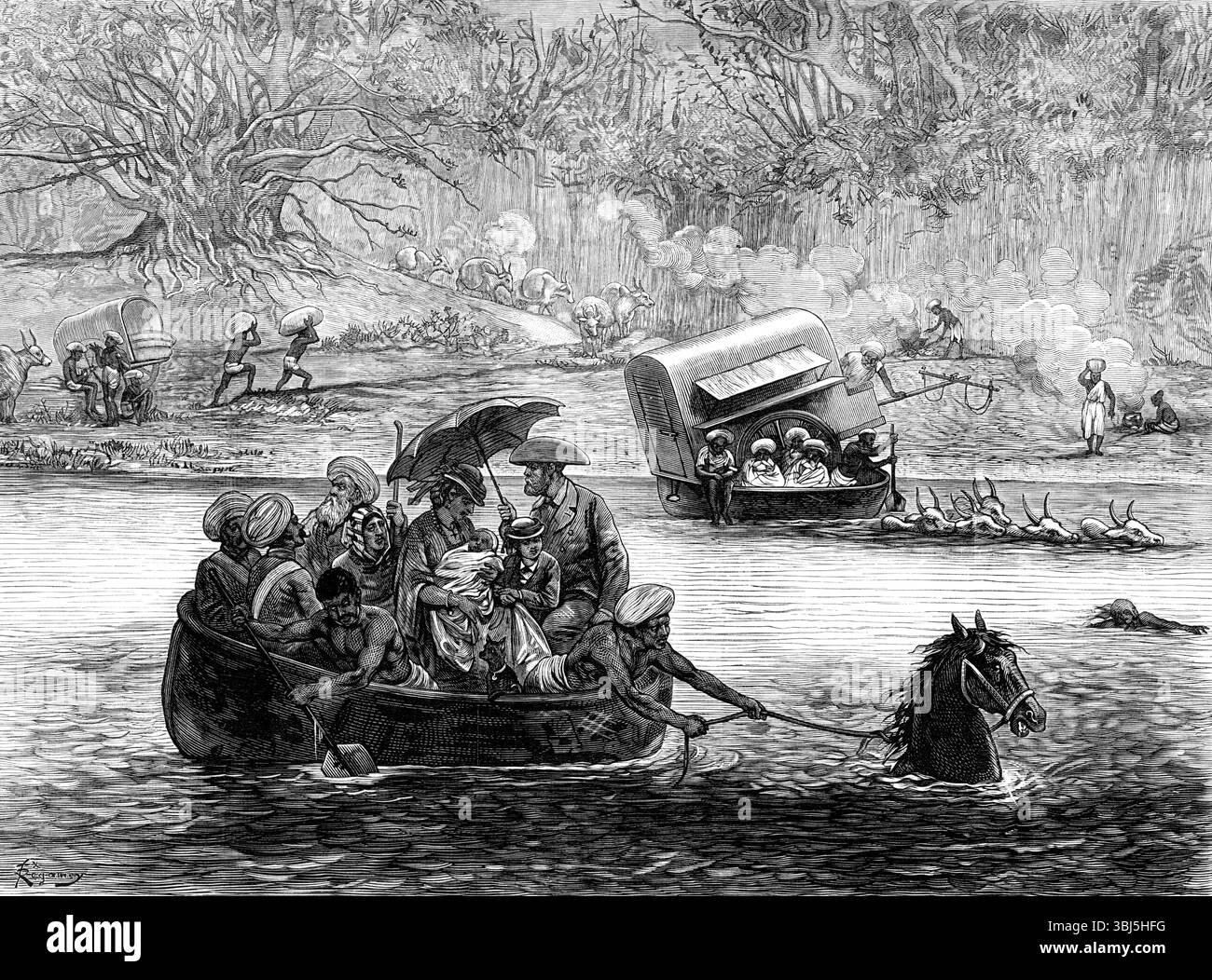 Über einen Fluss in Indien, 1874. "...Reisende sind oft gezwungen, Flüsse sehr primitiv zu überqueren, mit viel Verzögerung und Alarm, nicht selten begleitet von Gefahr und Verlust. Das zerbrechliche, aber schwungvolle Korakel oder das einheimische Korbschiff mit... Verstecken erfüllt seinen Zweck vielleicht ausreichend... aber das Aussehen dieses Schiffes ist für den schüchternen Reisenden nicht sehr sicher, der nicht an diese Art der Überquerung der Flüsse at...places gewöhnt ist, wo es Krokodile gibt. Sein glaube an "es gibt nichts wie Leder" wird unhöflich durch die bloße Tatsache erschüttert, dass es die einzige Barriere zwischen seinem ist Stockfoto Über einen Fluss in Indien, 1874. "...Reisende sind oft gezwungen, Flüsse sehr primitiv zu überqueren, mit viel Verzögerung und Alarm, nicht selten begleitet von Gefahr und Verlust. Das zerbrechliche, aber schwungvolle Korakel oder das einheimische Korbschiff mit... Verstecken erfüllt seinen Zweck vielleicht ausreichend... aber das Aussehen dieses Schiffes ist für den schüchternen Reisenden nicht sehr sicher, der nicht an diese Art der Überquerung der Flüsse at...places gewöhnt ist, wo es Krokodile gibt. Sein glaube an "es gibt nichts wie Leder" wird unhöflich durch die bloße Tatsache erschüttert, dass es die einzige Barriere zwischen seinem ist Stockfoto