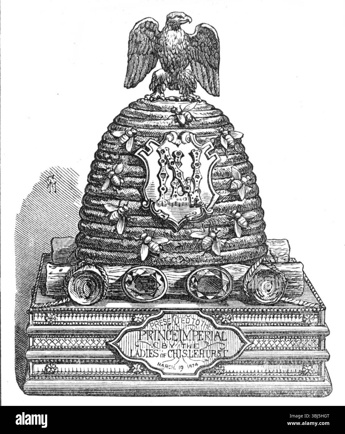 Inkstand präsentiert von den Damen von Chiselhurst dem Prinzen Imperial, 1874. Einige Nachbarn des Prinzen Imperial in Chiselhurst haben kürzlich ein Geburtstagsgeschenk abonniert, das von Mr. Streeter aus 18, New Bond-Street, vorbereitet wurde. Es handelt sich um einen Bienenkorb in Form eines Tintenständers, der mit Amethystern eingelegt ist und von dem Monogramm „L. N.“ in Rubinen und Diamanten überlagert wird, wobei der Deckel den Kaiseradler bildet, schön gejagt und um die Basis die verschiedenen Farben in Emaille angeordnet sind. Auf der Basis ist eingraviert „präsentiert an den Prinzen Imperial von den Damen von Chiselhurst, 18. März 1874“. Stockfoto