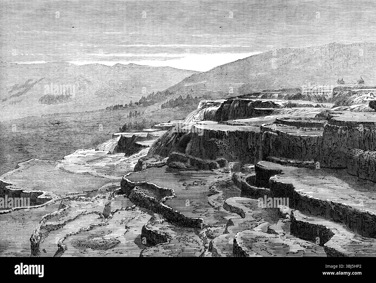 Die Yellowstone Lake Region in Nordamerika: Mammoth Hot Springs am Gardiner's River, 1874. „Am Fuße der Rocky Mountains... ist ein Naturwunder. Es ist eine vulkanische Region mit kochenden Quellen und kieseligen Inkrustationen... der Kongress der Vereinigten Staaten... hat beschlossen, dass der gesamte Teil des unbesetzten Landes, der fünfundfünfzig Meilen mal sechsundsechzig Meilen misst, für immer als Nationalpark für den öffentlichen Genuss und die wissenschaftliche Untersuchung seiner Phänomene erhalten bleiben sollte... Ein kleines Buch, das die "Wunder der Yellowstone Region" beschreibt, geschrieben von Mr. James Richardson, wurde kürzlich veröffentlicht... Stockfoto