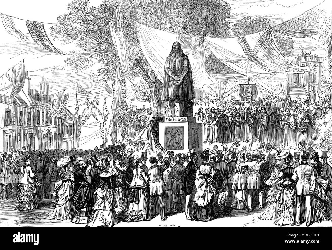 Enthüllung der Statue von John Bunyan in Bedford, 1874. "...die kolossale Bronzestatue von John Bunyan, errichtet in St. Peter's Green in Bedford, ist ein Geschenk des Herzogs von Bedford an diese Stadt. Die Statue von Herrn J. E. Boehm, Bildhauer, wurde nach den Werken von H. Young und Co. Gegossen. Die Zeremonie der Enthüllung wurde am Mittwoch von Lady Augusta Stanley, Ehefrau des Dekans von Westminster, durchgeführt. Der Pfarrer Dean Stanley, ihr Ehemann, sowie Earl Cowper, Lord Lieutenant of Bedfordshire, und andere Persönlichkeiten von Auszeichnung, zusammen mit dem Bürgermeister von Bedford, Mr. G. Hurst, und dem Pfarrer Dr. Brock Stockfoto