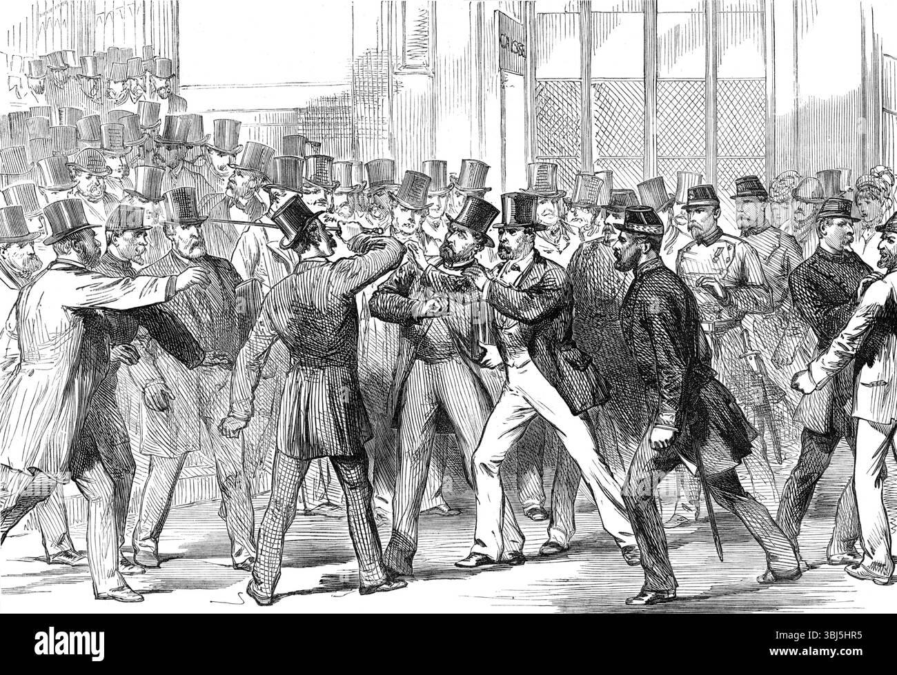 Der Angriff auf M. Gambetta durch M. de Sainte-Croix am Bahnhof Sainte Lazare, Paris, 1874. In der Pariser Strafvollzugskammer wurde ein bonapartistischer Militär namens Louis Henri Renouard, der sich selbst als Comte de St. Croix bezeichnete, wegen eines Angriffs auf den republikanischen Diktator von 1870 angeklagt. In unserem Pariser Brief der letzten Woche... wurde eine gewalttätige Rede von M. Gambetta erwähnt, in der die Bonapartisten als "Missesérables" oder Elend angeprangert wurden, was die Provokation für diesen Angriff gewesen zu sein scheint. M. Gambetta kehrte von Versailles nach Paris zurück und verließ den Zug A Stockfoto