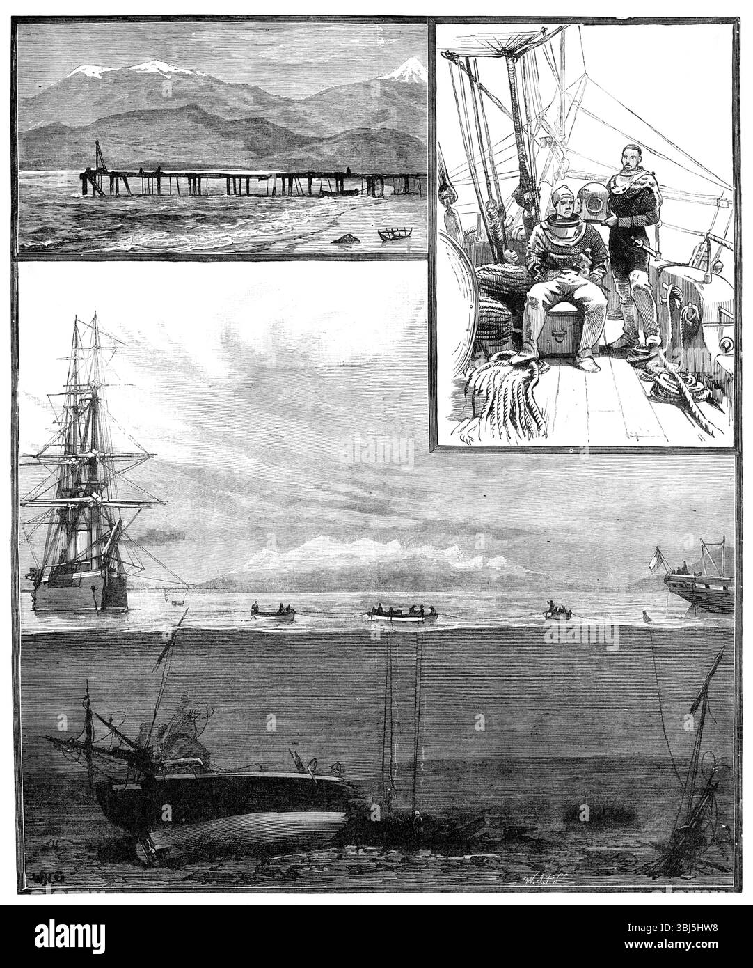 Taucher erkunden das Wrack von H.M.S. Doterel, das 1881 in der Magellan-Straße gesprengt wurde. Zerstörung eines Schiffes der Royal Navy durch eine Explosion - 143 Besatzungsmitglieder wurden getötet. "1. Zwei Taucher an Bord von H.M.S. Garnet; 2. Sandy Point (Punta Arenas) mit Pier; 3. Boote von H.M.S. Garnet, die Taucher im Stich lassen; 4. Unter dem Wasser; Überreste von H.M.S. Doterel mit Rumpf und Kiel... und 64-Pfünder-Kanone... Sandy Point mit seinem hölzernen Pier, den schneebedeckten Höhen des Mount San Felipe und Mount Graves und den fernen Ufern von St. Mary's Point und Cape Valentin sind zu sehen...der Granat liegt dort vor Anker, mit seinem Stockfoto