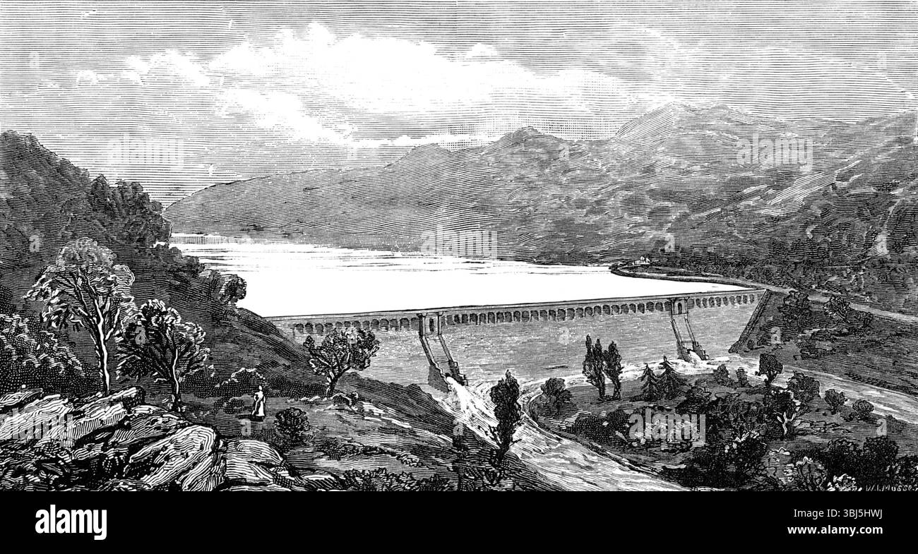 Das neue Wasserwerk von Vyrnwy für Liverpool, 1881. Der Standort des künstlichen Sees liegt etwa 10 Meilen südöstlich des Bala Lake über dem Bwlch-y-Groes Pass. Es besteht aus einem langen schmalen Abschnitt von Talland auf einer Höhe von 780 Fuß über dem Meeresspiegel. Er ist, außer am untersten Ende, von den hohen zerklüfteten Silurischen Felsen des Bezirks umgeben... in dieses Tal fließen unzählige Bäche und Rinnen von den Berghängen, die sich zum Fluss Vyrnwy vereinigen. Am unteren Ende verengt sich das Tal auf eine Breite von nur 300 Metern, durch die der Fluss durch eine tiefe Felsschlucht fließt. A Stockfoto