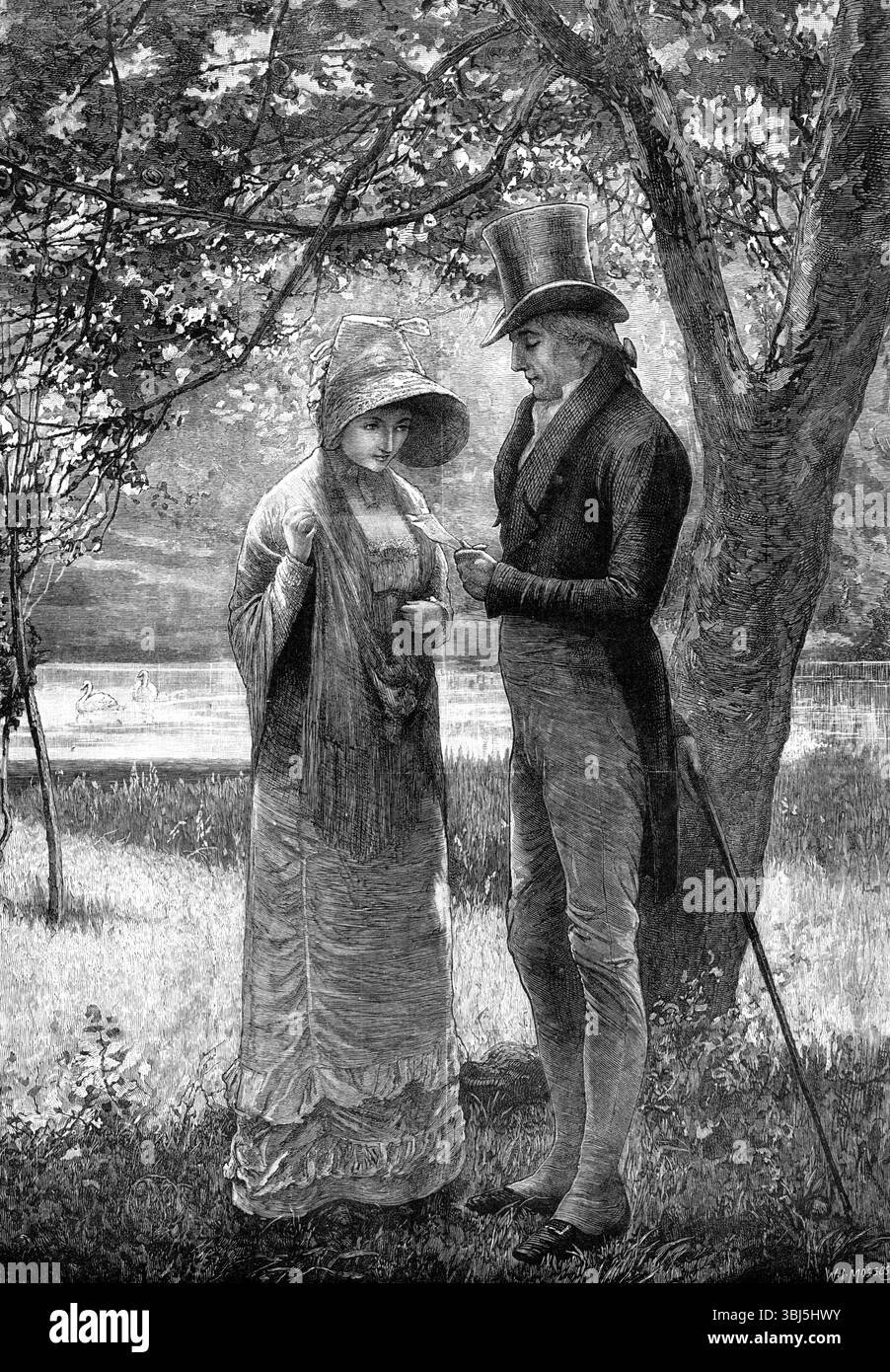 Ihr Erstes Angebot. Von E. F. Brewtnall, 1881. Gravur eines Gemäldes. "Das Thema von Mr. Brewtnalls Bild auf der Ausstellung der Royal Society of Painters in Aquarell scheint zum häuslichen Leben der höheren Klasse des englischen Adels in den frühen Jahren dieses Jahrhunderts zu gehören, um die Zeit der Romane von Jane Austen; und diese junge Dame, die mit ihrem Vater unter den Bäumen seines Parks stand, könnte "Emma" gewesen sein, die Tochter von Mr. Woodhouse aus Hartfield. Sie hat einen Brief von einem aufstrebenden Liebhaber erhalten, dessen Anzug, um von der zärtlichen Angst zu erraten, die eine weiche Stockfoto