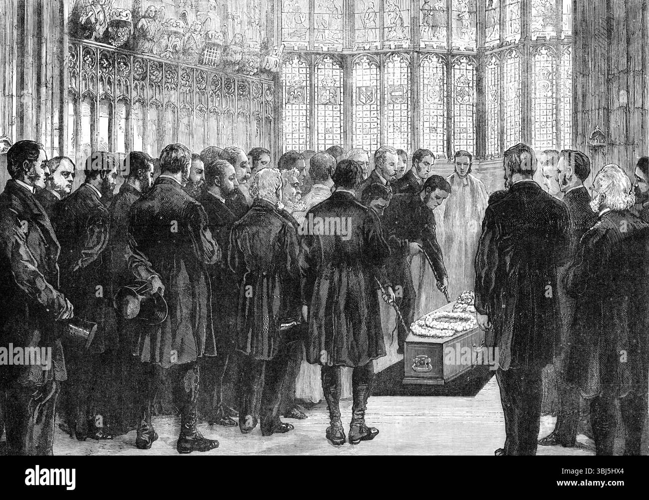 Beerdigung von Dean Stanley in Henry VII.'s Chapel, Westminster Abbey, 1881. Der Sarg war mit Blumenkränzen und Emblemen bedeckt, die als letzte Hommage vieler Freunde an den verstorbenen Dekan geschickt wurden. Um zehn Minuten bis vier Uhr verließ der Sarg, getragen auf den Schultern von sechs Männern, das Deanery. und denen in der Abtei an der Orgel, die Händels sanften und feierlichen Gesang übergab: "ich weiß, dass mein Erlöser lebt."...der Sarg war mit einem Schuss schwarzen Samts bedeckt, der mit weißer Seide umrandet war, und darauf lag ich Stockfoto