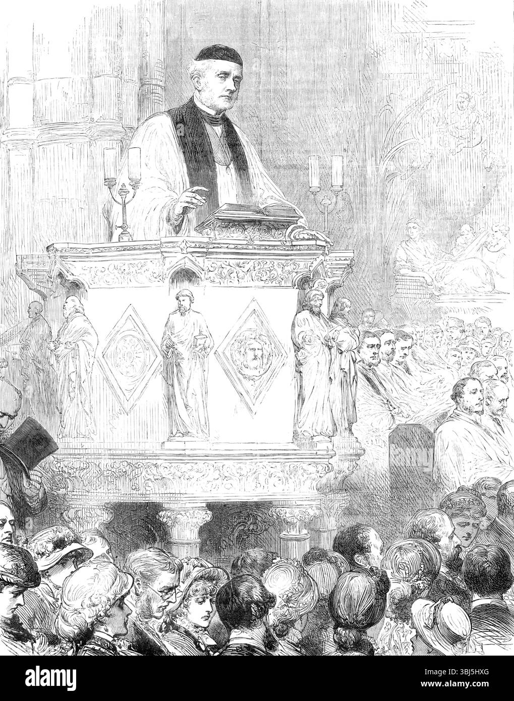 Der verstorbene Dekan Stanley: A Reminiscence, 1881. Die Beerdigungspredigt in der Westminster Abbey am Sonntagnachmittag wurde von Dekan Stanleys Schwager Dr. C. J. Vaughan, Dekan von Llandaff und Meister des Tempels, gepredigt. Die Abteipredigt am Morgen wurde vom Pfarrer Kanon Farrer gepredigt, und das am Abend vom Bischof von Peterborough, die beide vom verstorbenen Dekan sprachen. Die ehrwürdige alte Abtei war voll von Ticketbesitzern und der Öffentlichkeit. Aus Illustrated London News, 1881. Stockfoto