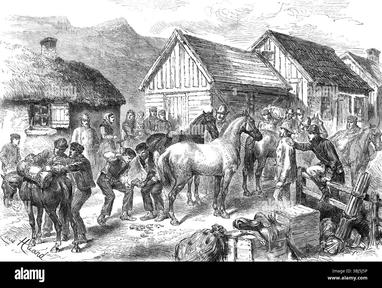 Der Tourist in hohen Breiten: Beginn der Geysire in Island, 1881. „Britische Touristen können im Sommer leicht mit dem Dampfschiff nach Island kommen... und sie genießen viel längere Tage... da die Sonne nicht untergeht, außer zwei oder drei Stunden... Sie finden einfache, aber erträglich komfortable Unterkunft in Reykjavik, der einzigen Stadt Islands, wo sie Ponys mieten und ausreiten können, wie die in unserer Abbildung gezeigte Party, um die neugierigen und wunderbaren Szenen in der benachbarten Vulkanregion zu besuchen. Der Mount Hecla, ein mächtiger aktiver Vulkan, ist in der Ferne zu sehen; und es gibt andere „Jokuls“ Stockfoto
