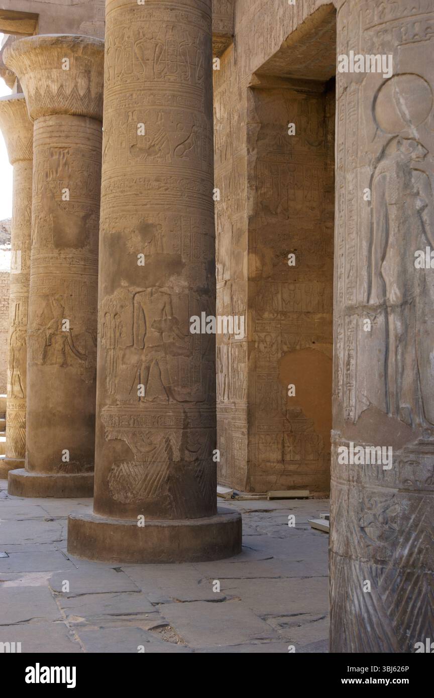 Papyrussäule, Tempel von KOM Ombo, Ägypten, Ptolemäische Dynastie, 2. Jahrhundert v. Chr. (2003). Dem Krokodilgott Sobek und dem Falkengott Haroeris gewidmet. Stockfoto
