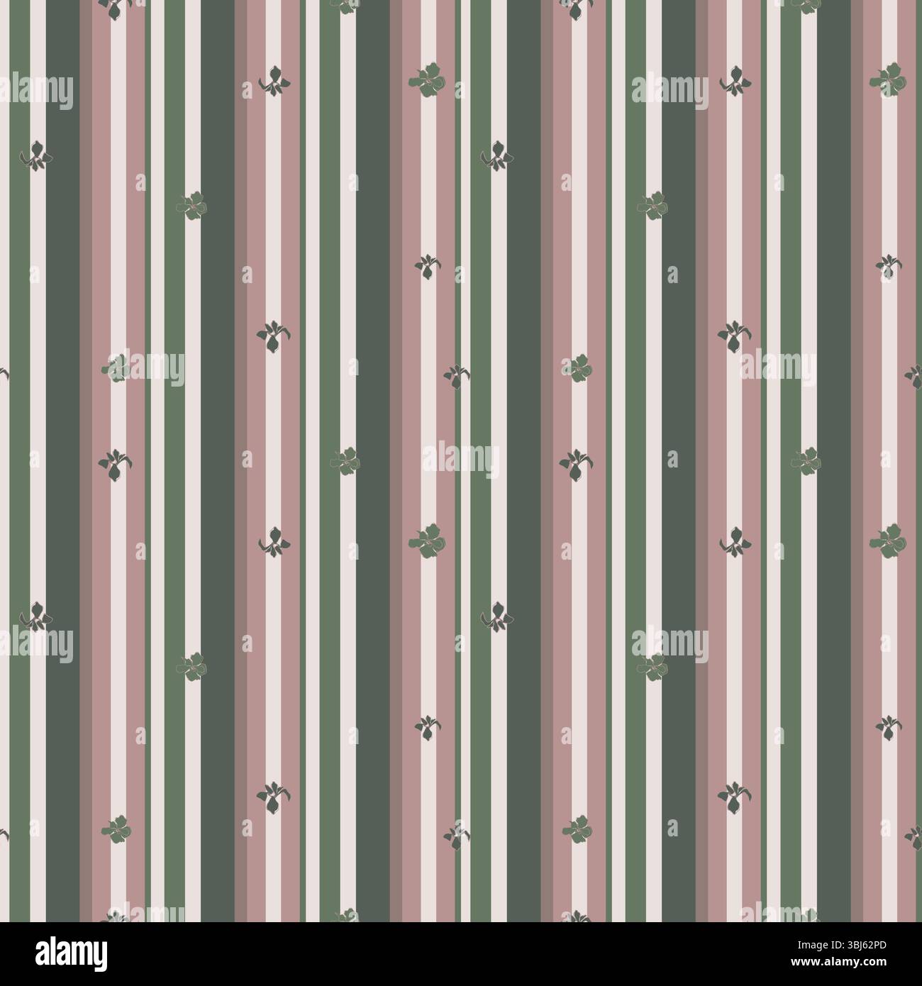 Streifen Waldgrün dünner Streifen nahtlos wiederholend mit minimalistischen Irisblumen Dunkelgrüner Hintergrund künstlerische Hintergrundtapete. Handgezeichnetes Design. Stock Vektor