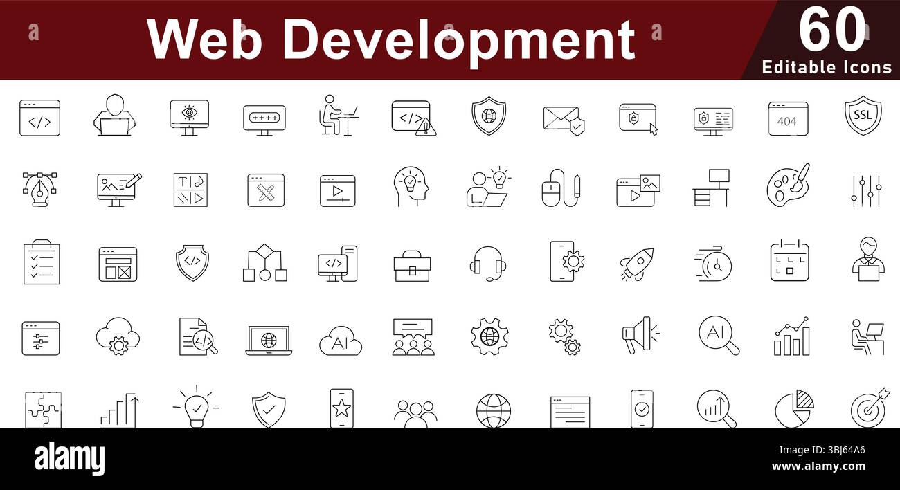 Web Development Line Icons Set – Symbole für Codierung, UI oder UX, Programmierung und digitale Tools Stock Vektor