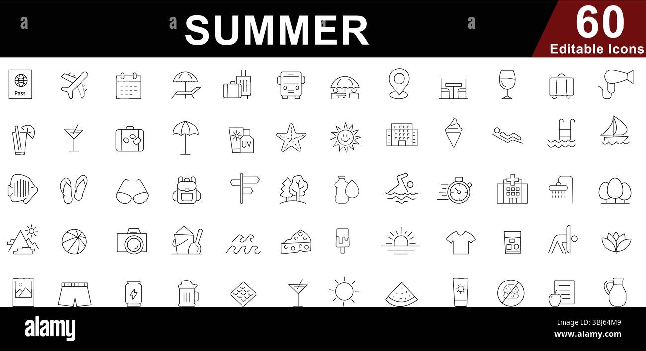 Sommer Urlaub Line Icons Set - Reise, Strand, Urlaub und Outdoor-Aktivitäten Symbole Stock Vektor