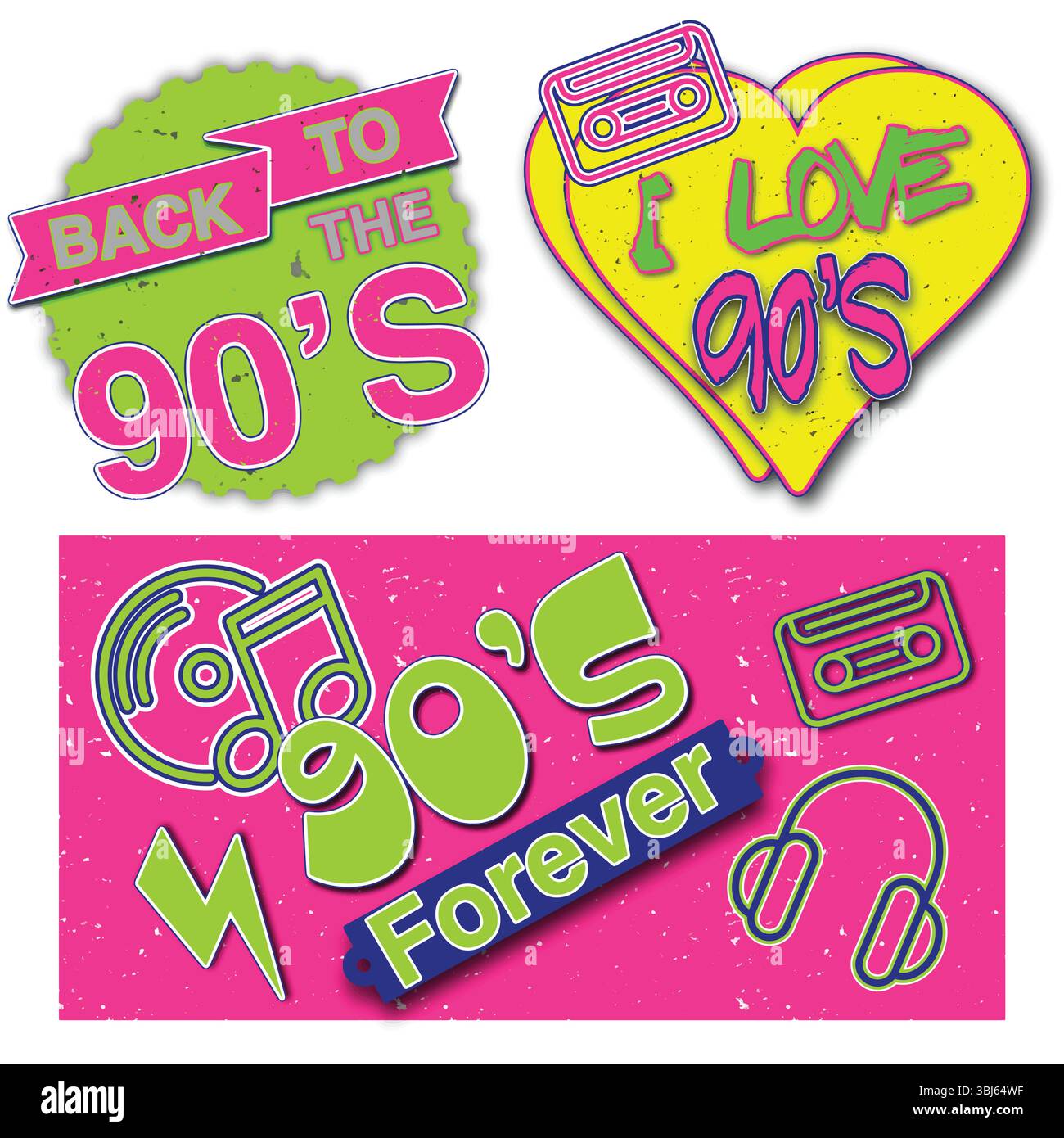 Bunte 90er Jahre Logo Kollektion – Retro Pop Art Emblem Vektor Illustration (1990–1999 Stil). Stock Vektor