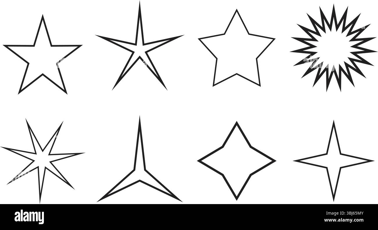 Kollektion einzigartiger schwarzer Sternenkonturen mit unterschiedlichen Formen und Stilen auf weißem Hintergrund. Mit scharfem, abgerundetem, abstraktem und geometrischem Design Stock Vektor
