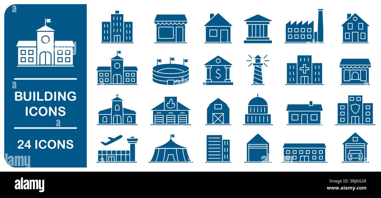 Symbolgruppe wird erstellt. Symbol für Stadtarchitektur. Mit Circus, Flughafen, Haus, Fabrik, Bank, Schule, Feuerwehr, Geschäft, Krankenhaus Ikonen sammeln Stock Vektor