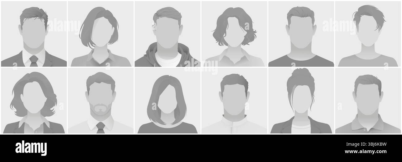 Set aus grauen Silhouettenavataren ohne Foto-Platzhalter, der verschiedene anonyme Profile in Geschäfts- und Freizeitkleidung darstellt, die für Benutzerinterfac geeignet sind Stock Vektor