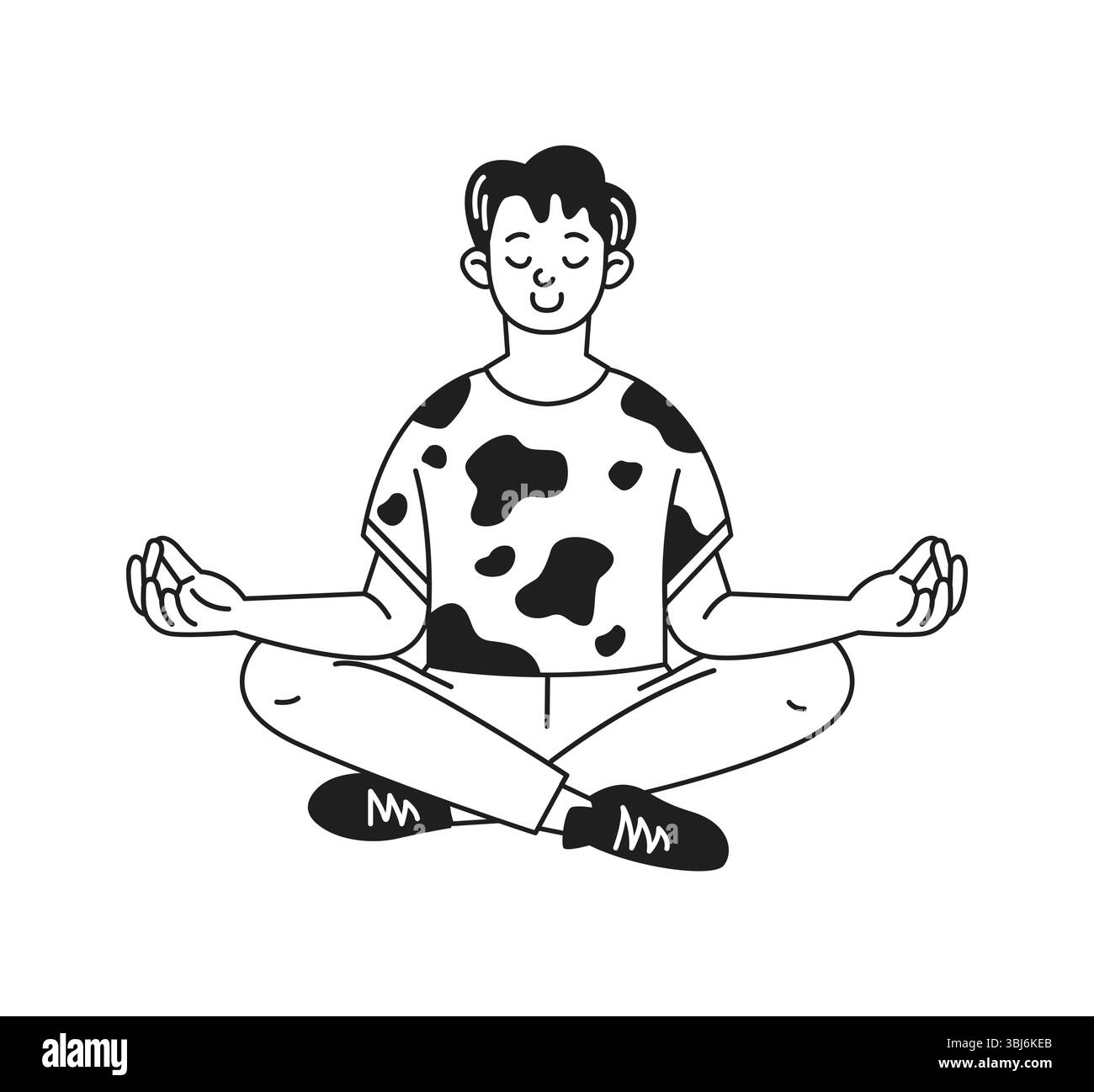 Cartoon einer glücklichen Person, die meditiert. Entspannen in sitzender Haltung. Ich trage ein gemustertes Hemd. Schwarz-weiß-Stil. Betonung von Frieden und Achtsamkeit. Stock Vektor