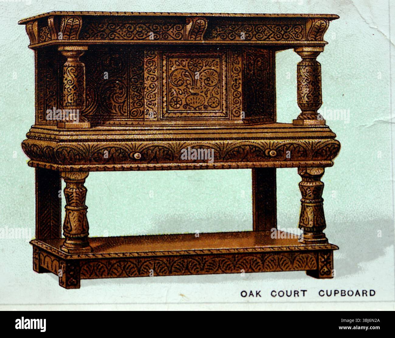 Der Eichenhofschrank aus dem frühen 17. Jahrhundert diente in der Stube, die zu dieser Zeit allgemein für Mahlzeiten genutzt wurde. Dieses Bild stammt von einer Zigarettenkarte aus der ersten Serie von 25 Karten, Old Furniture, die 1923 vom Tabakhersteller W. D. & H. O. Wills veröffentlicht wurde. Stockfoto