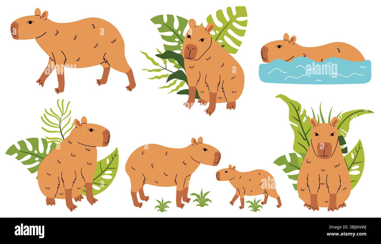 Set aus Capybara und Capybara mit tropischer Blattzusammensetzung isoliert auf weiß in Cartoon Flat Style. Niedliches Tierklipart, perfekt für Aufkleber, Kids de Stock Vektor