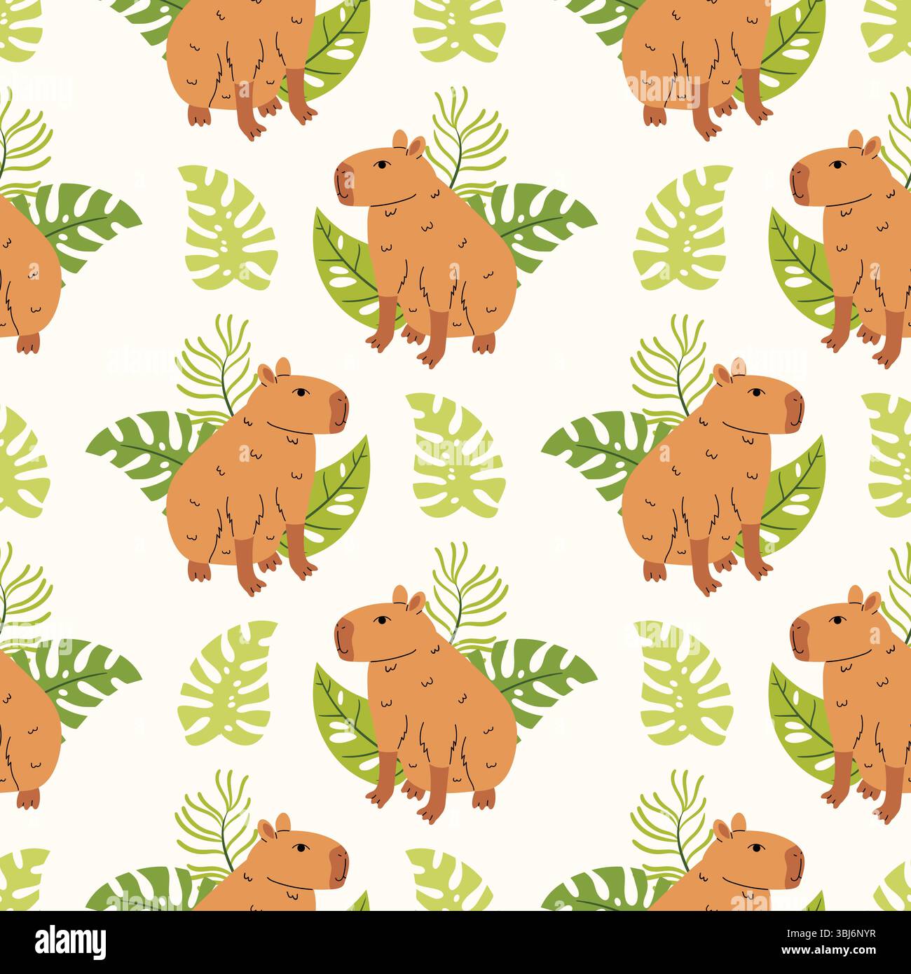 Nahtloses Muster mit lustiger Kawaii-Capybara und tropischem Blatt im flachen Cartoon-Stil, angeordnet in Polka Dot-Reihenfolge auf hellem Hintergrund. Niedliche Dschungelanim Stock Vektor