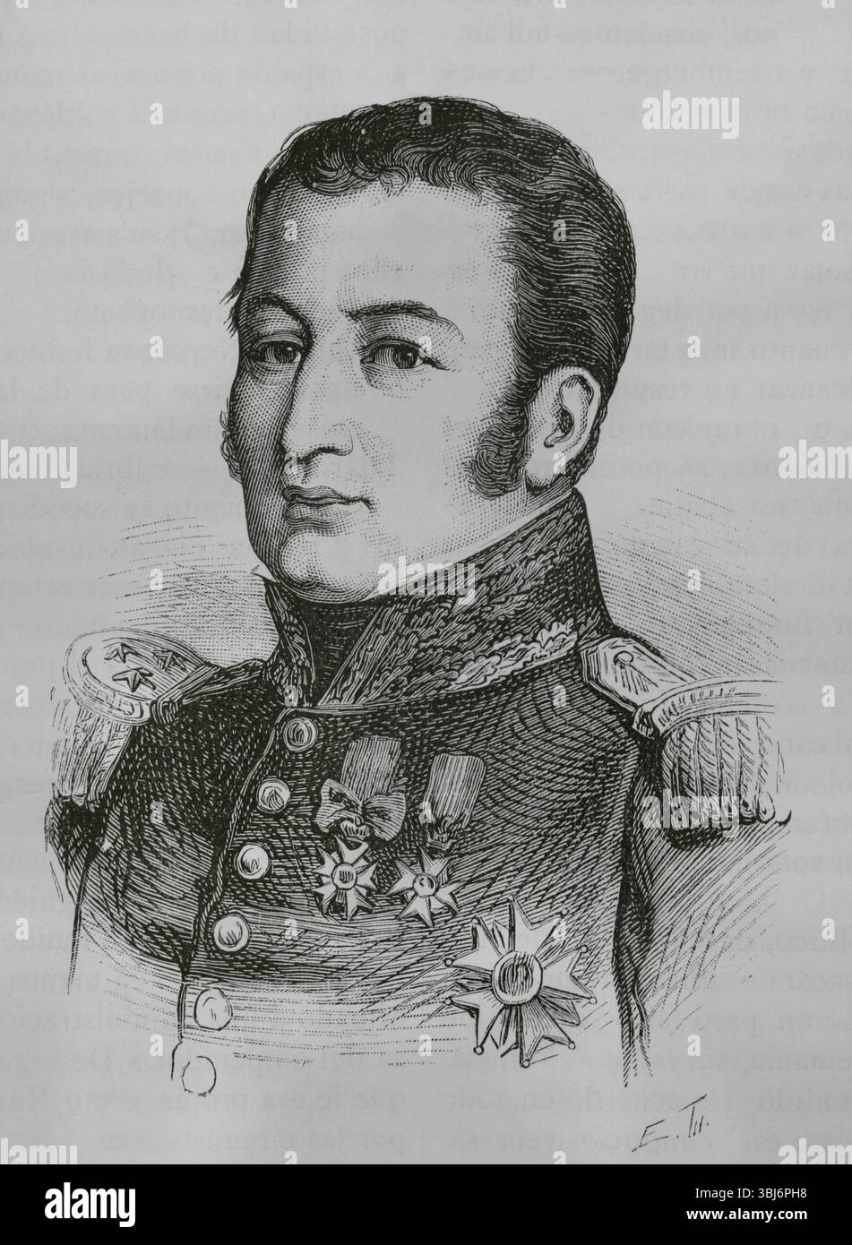 Etienne Maurice Gérard (1773-1852). Französischer General und Staatsmann. Marschall von Frankreich. Premierminister Frankreichs vom 18. Juli 1834 bis 10. November 1834. Hochformat. Gravur. "Histoire du Consulat et de l'Empire" (Geschichte des Konsulats und des französischen Reiches unter Napoleon), von A. Thiers. Band IV. Veröffentlicht in Barcelona, 1879. Stockfoto