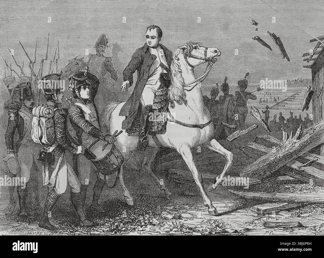 Napoleon I. Bonaparte (1769-1821). Konsul auf Lebenszeit (1802) und Kaiser der Franzosen (1804-1815). Napoleon überquerte die Elbe Ende September 1813. Stich von Hurel. "Histoire du Consulat et de l'Empire" (Geschichte des Konsulats und des französischen Reiches unter Napoleon), von A. Thiers. Band IV. Veröffentlicht in Barcelona, 1879. Stockfoto