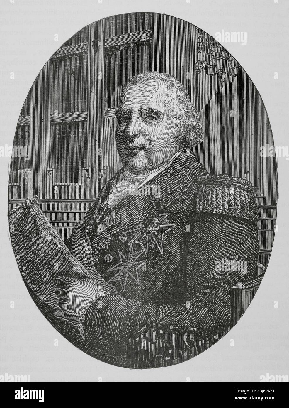 Louis XVIII (1755-1824). König von Frankreich und Navarra (1814–1824). Hochformat. Gravur. "Histoire du Consulat et de l'Empire" (Geschichte des Konsulats und des französischen Reiches unter Napoleon), von A. Thiers. Band IV. Veröffentlicht in Barcelona, 1879. Stockfoto