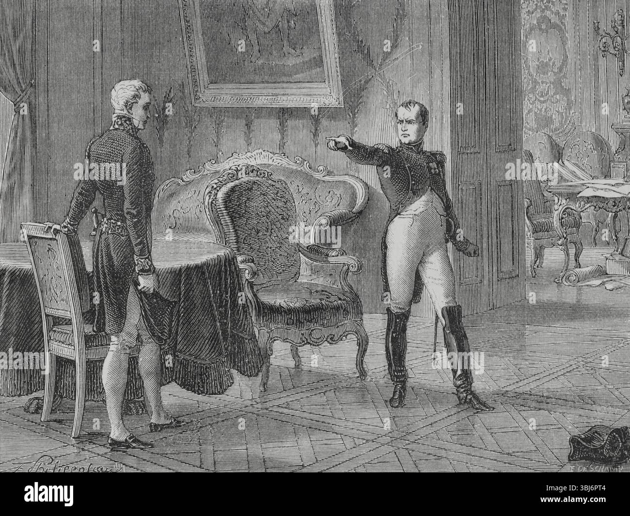 Treffen zwischen dem französischen Kaiser Napoleon I. und dem österreichischen Diplomaten Prinz Klemens von Metternich am 26. Juni 1813 in Dresden, um das Ende des Sechsten Koalitionskrieges zu verhandeln. Zeichnung von Philippoteaux. Kupferstich von E. Deschamps. "Histoire du Consulat et de l'Empire" (Geschichte des Konsulats und des französischen Reiches unter Napoleon), von A. Thiers. Band IV. Veröffentlicht in Barcelona, 1879. Stockfoto