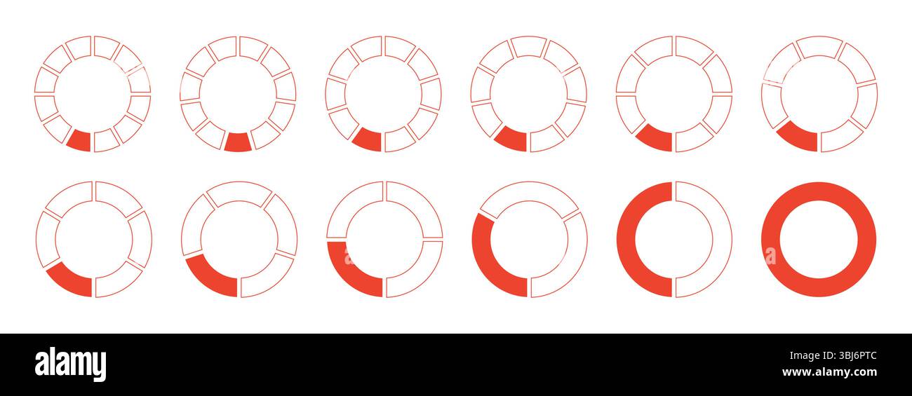 Kreise unterteilt in Diagramme 1, 2, 3, 10, 7, 8, 9, 10, 11, 12 gleiche Teile. Diagrammdiagramm, Pizzaform, Diagrammsymbole. Coaching einer leeren flachen Vorlage. Einstellen Stock Vektor
