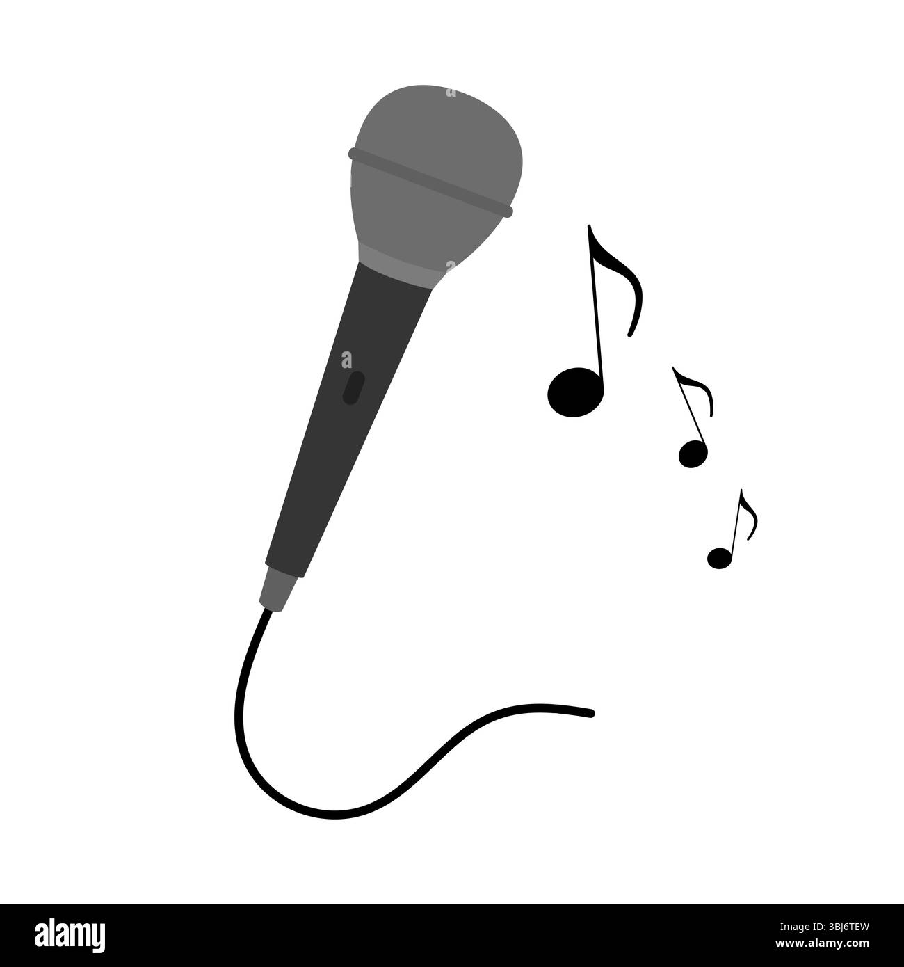 Mikrofon mit Notiznotizen Vektor-Illustration. Ein dunkles, kabelgebundenes Mikrofon und drei schwarze Musiknoten unterschiedlicher Größe. Stock Vektor