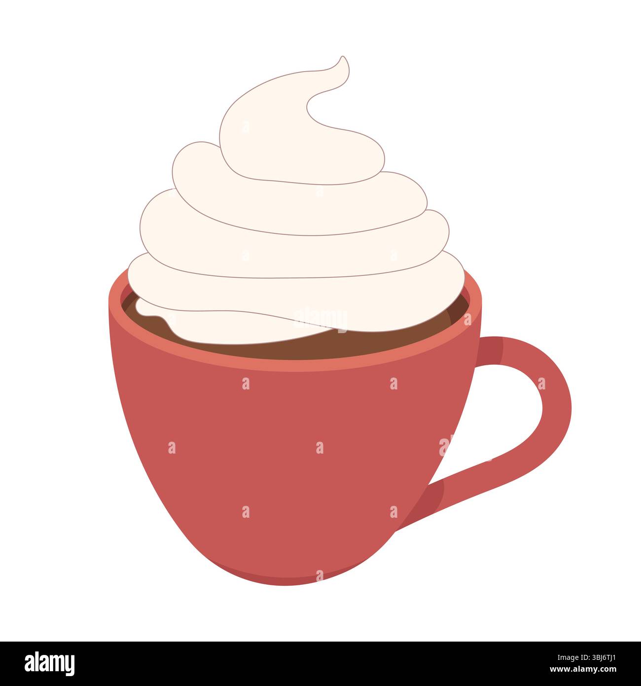 Tasse heiße Schokolade mit Schlagsahne. Dies ist eine rote Keramikschale gefüllt mit heißer Schokolade und einem großzügigen Schuss Schlagsahne. Stock Vektor