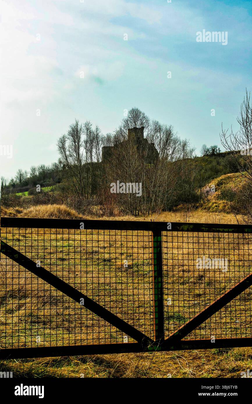 Ein malerischer Blick fängt die Ruinen einer Burg auf einem Hügel ein, eingerahmt von einem Metalltor. Die Landschaft ist von trockenem Gras und verstreuten Bäumen geprägt. Frankreich Stockfoto