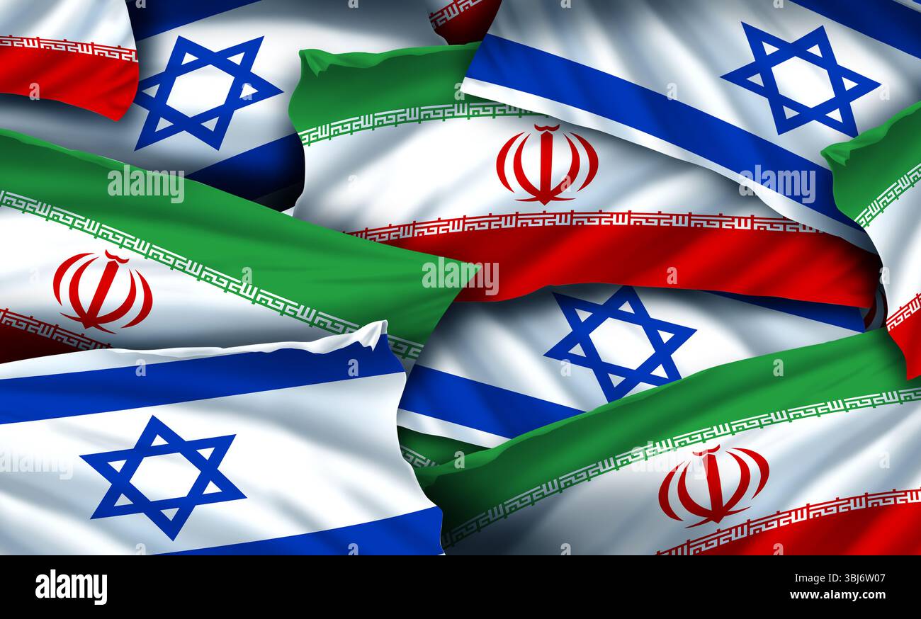 Iran und Israel im Krieg oder iranisch-israelische militärische Krise und bewaffnete Konfrontation oder regionaler Stellvertreterkrieg Konflikt mit zwei gegnerischen Regierungen in a di Stockfoto
