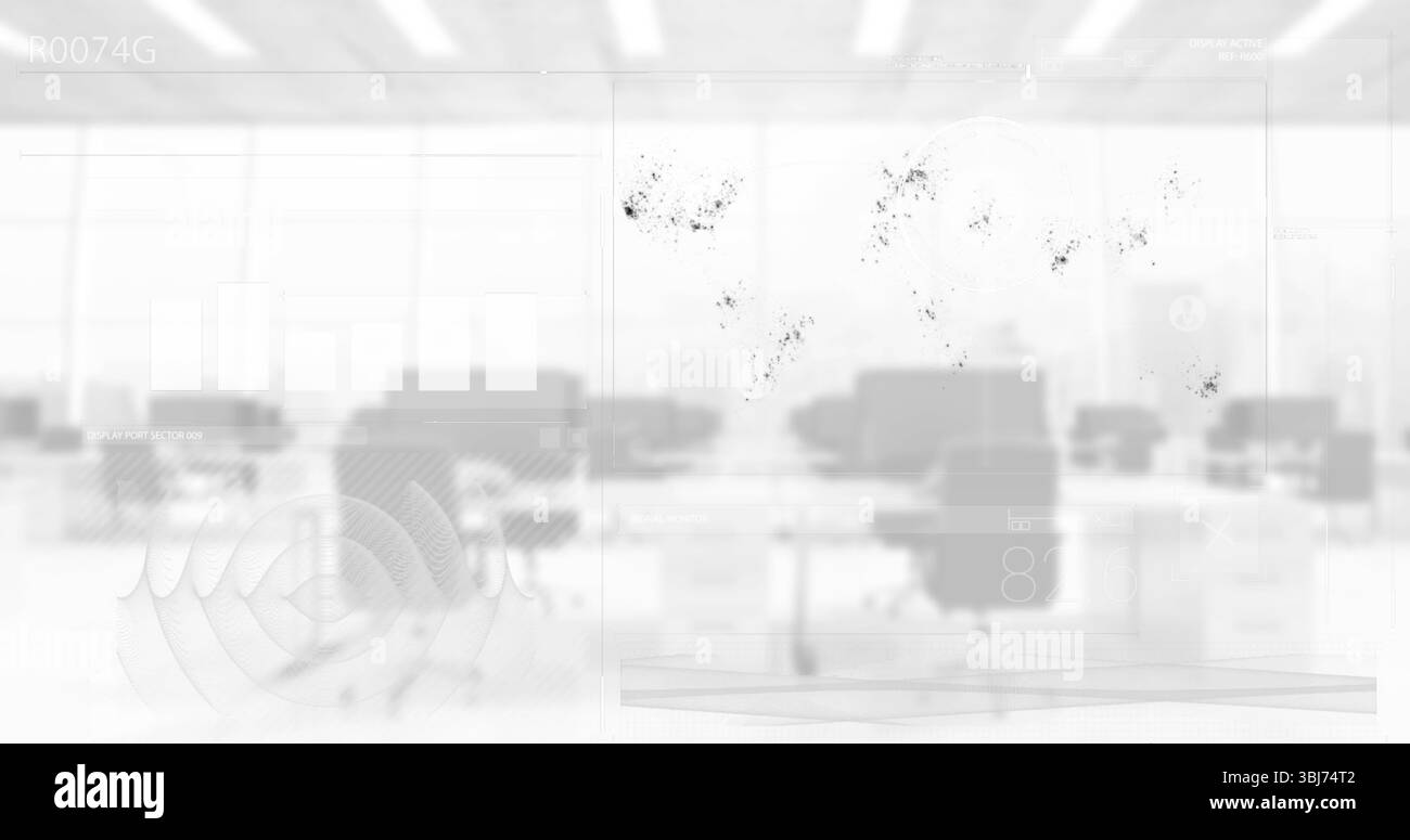 Ergonomischer schwarzer Stuhl im Großraumbüro mit Schreibtischen und HUD-Overlay Stockfoto