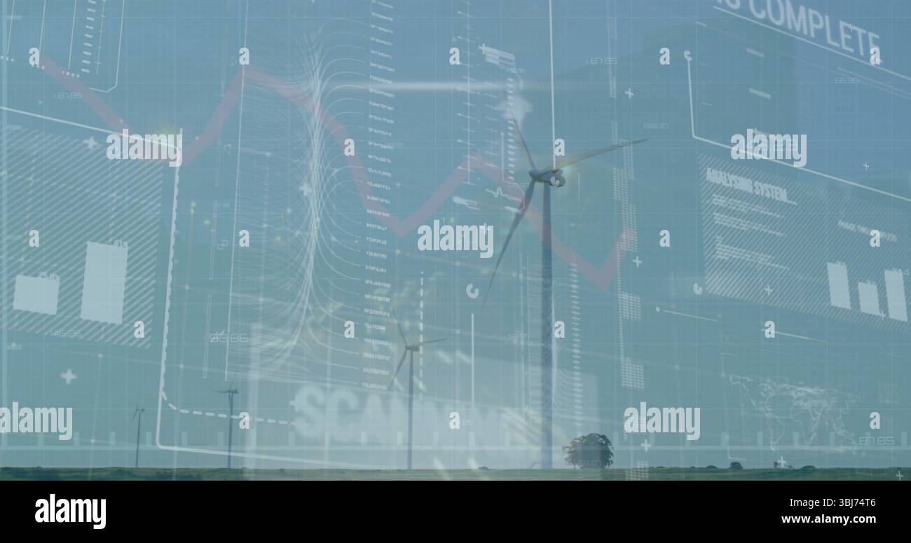 Anzeige der Windenergieanlage mit drei Flügeln, die sich im Normalbereich drehen, mit UI-Bedienfeldern, die Datendiagramme anzeigen Stockfoto