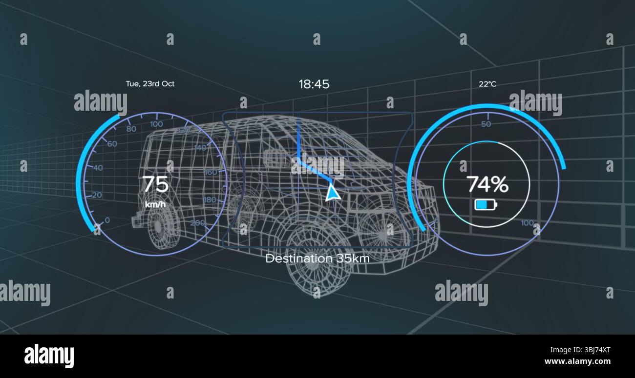 Anzeige des 3D-Van-Drahtmodells, das sich innerhalb eines virtuellen Rasters bewegt, mit Tachometer, Batterie und Navigationspfeil Stockfoto