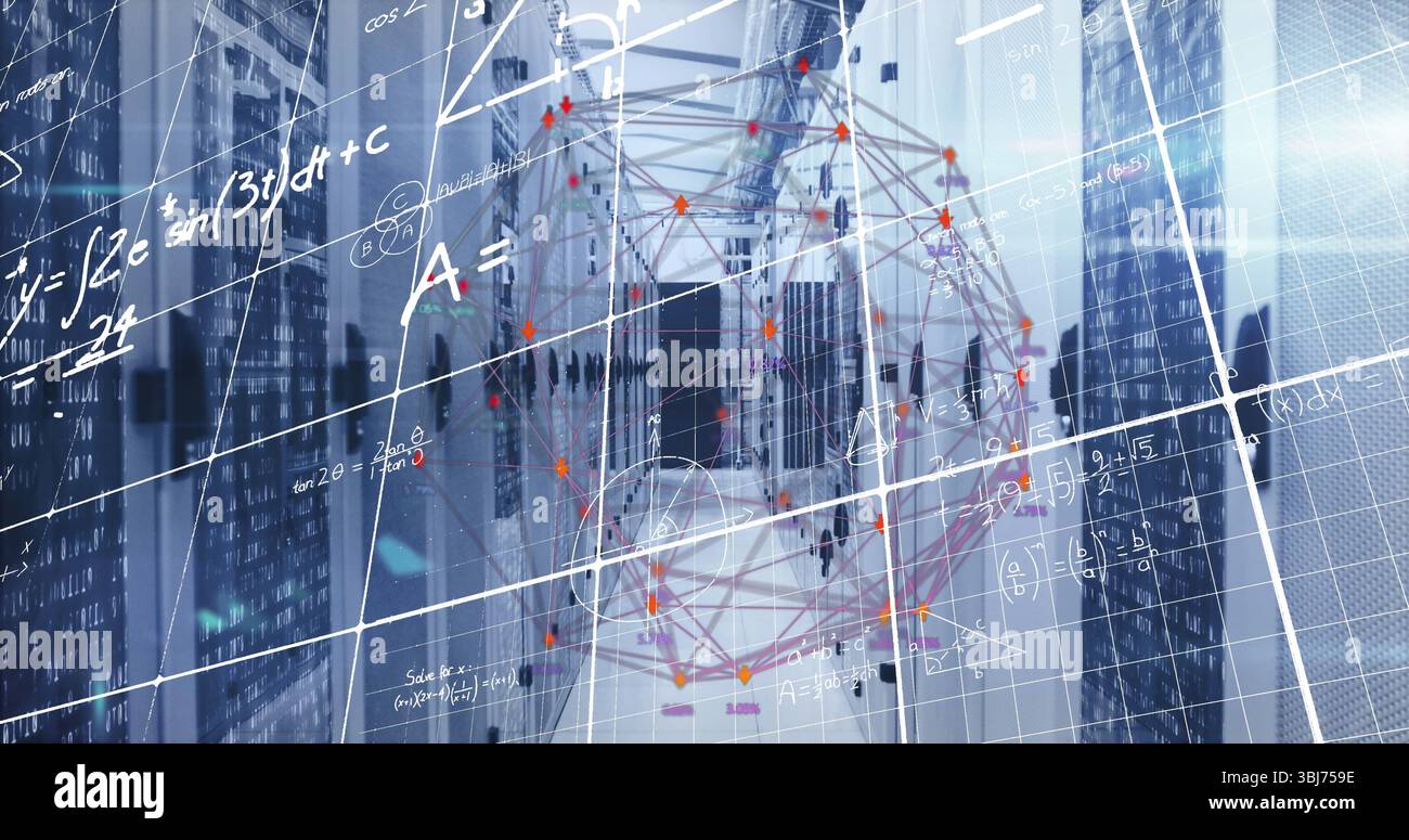 Schwimmende Wireframe-Polyeder-Projektionsgleichungen im Rechenzentrum mit Server-Racks, LED-Leuchten Stockfoto