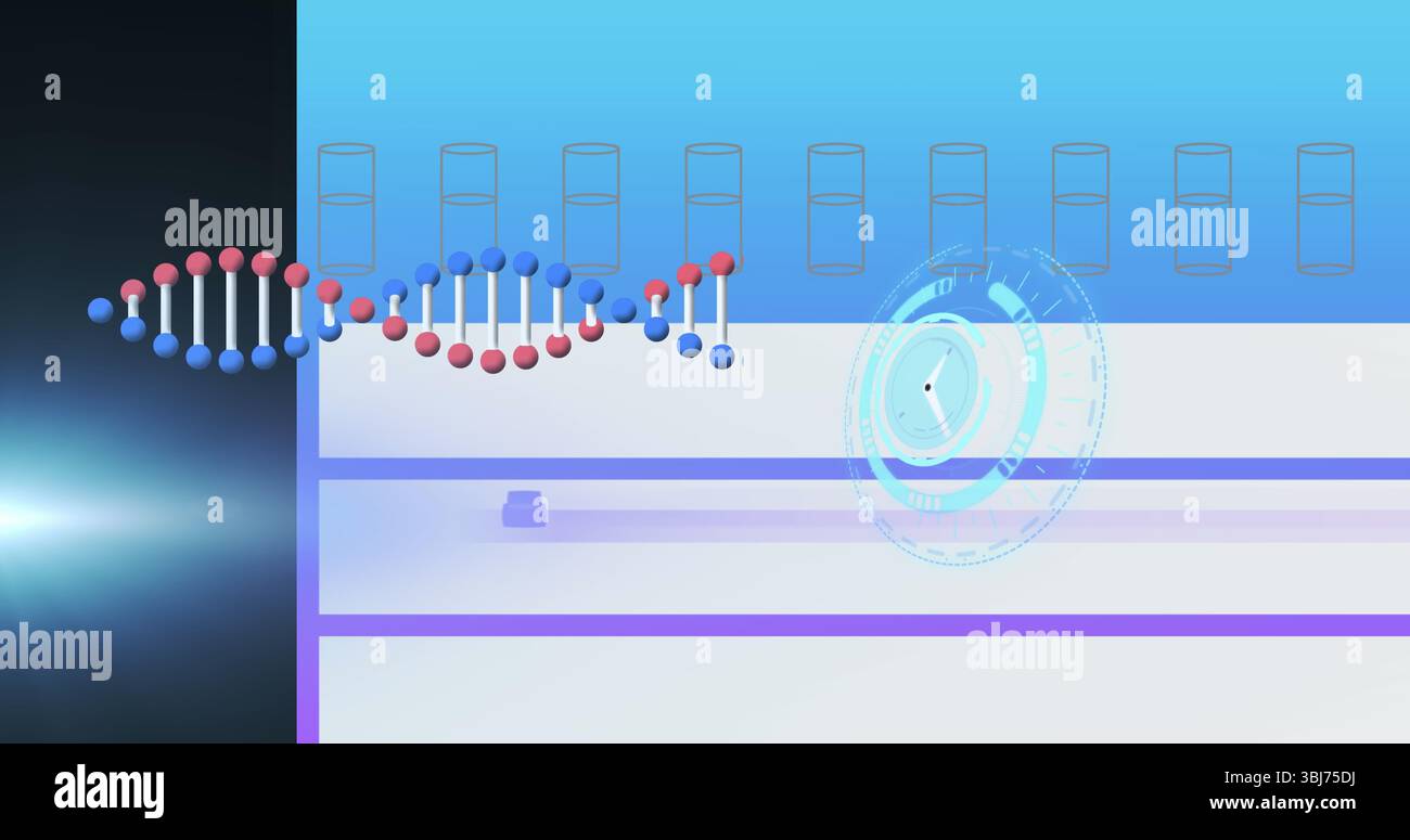Anzeige der DNA-Doppelhelix, die sich über die Schnittstelle erstreckt, mit schwachen Balken, HUD-Überlagerung, Kopierraum Stockfoto