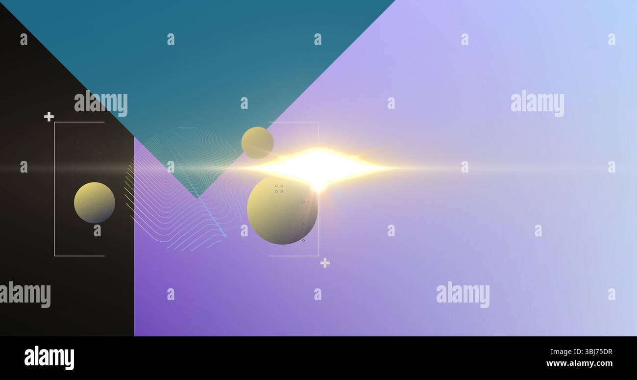 Schwebende gelb-grüne Kugel, die horizontale Linsenreflexion im Studio ausstrahlt, mit blauem Dreieck Stockfoto
