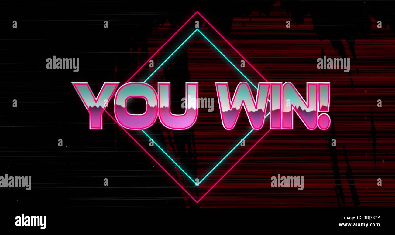 Mit Neon GEWINNEN SIE Text über Retro-Synthwave-Gaming-Oberfläche und leuchtendem Cyan-Magenta-Diamanten Stockfoto