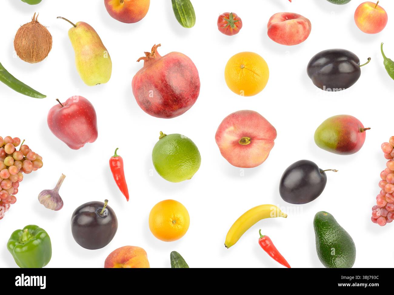 Nahtloses Muster helles appetitliches Obst und Gemüse mit hellem Schatten auf weißem Hintergrund. Stockfoto