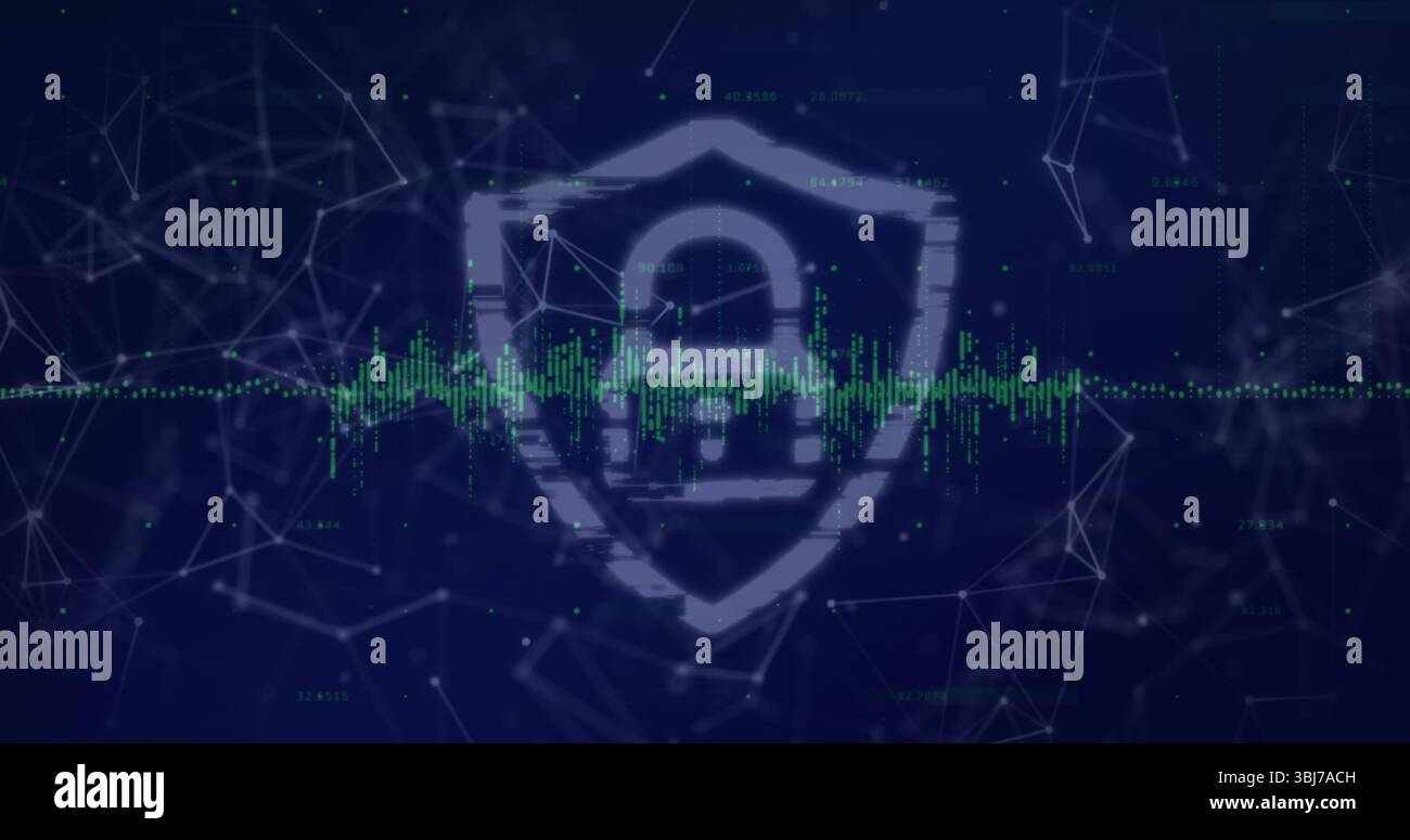 Zeigt die Umrisse des Schirms mit dem Vorhängeschloss-Symbol über dem Netzwerkraster mit einer pulsierenden grünen Kurve an Stockfoto