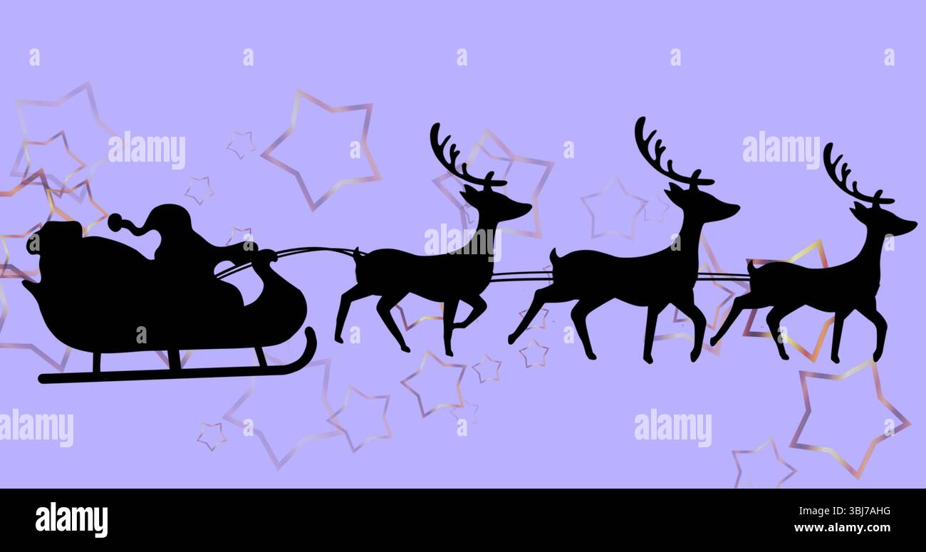 Der Weihnachtsmann trägt einen spitzen Hut, der in violettem Hintergrund gleitet, mit Schlittenbügeln, vier Rentieren, Sternen Stockfoto