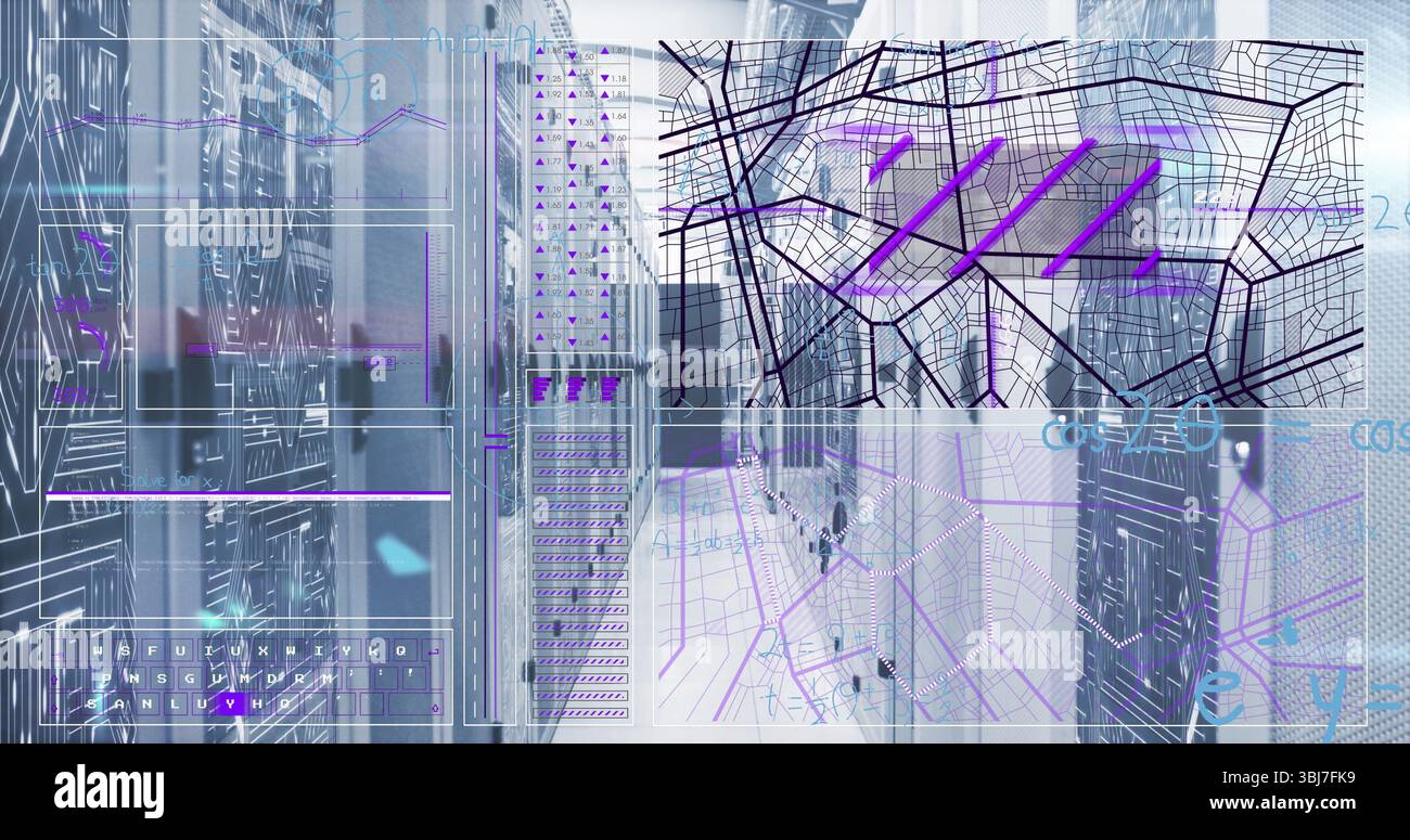 Anzeigen von im Rack montierten Servern, die UI-Overlays im Servergang mit Netzwerkkabeln und LEDs übertragen Stockfoto