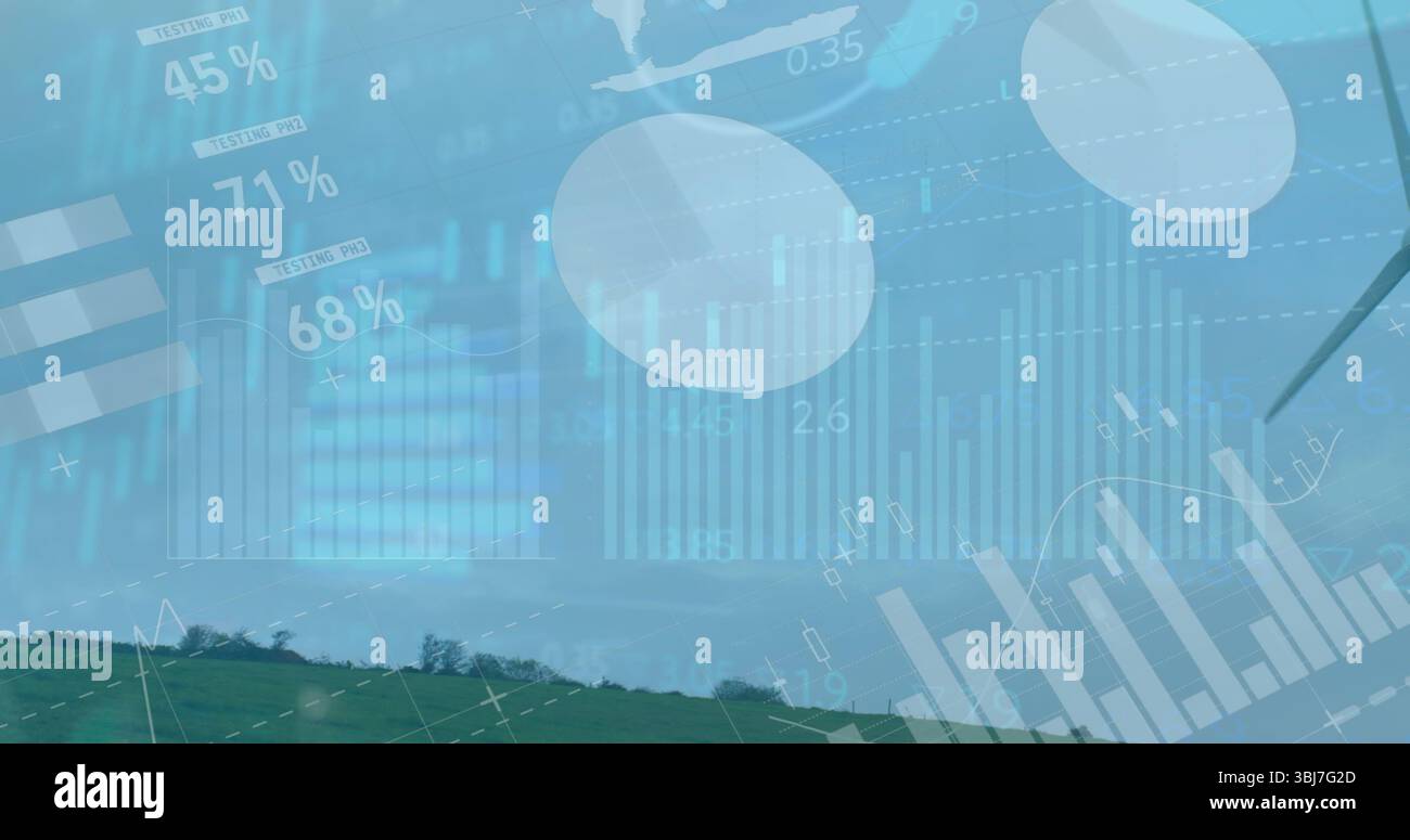 Überlagerung halbtransparenter Diagramme Prozentsätze und Weltkarte auf dem ländlichen Hügel, mit Windenergieblatt Stockfoto