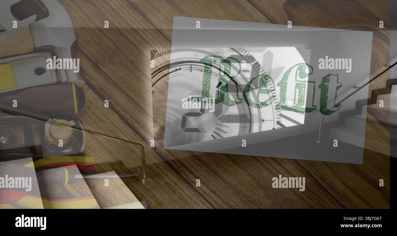 Anzeige von Handwerkzeugen auf Werkstatttisch mit Umrüstblech, Uhr und Kartenüberlagerungen Stockfoto